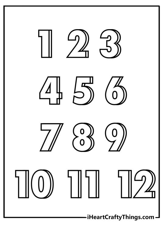Easy number coloring page with bold 3D numbers 1 to 12 ready to download