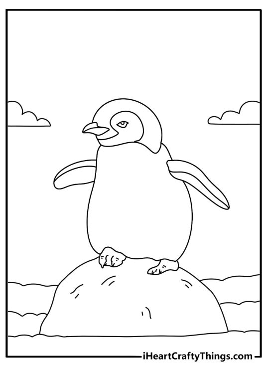 Easy penguin coloring page with a penguin chick on a snowy rock