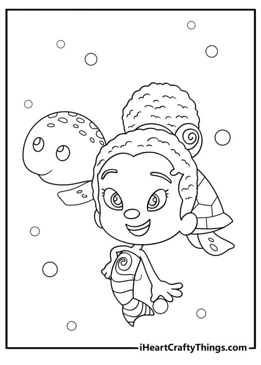 Easy printable Bubble Guppies coloring page with Zooli helping a small sea turtle