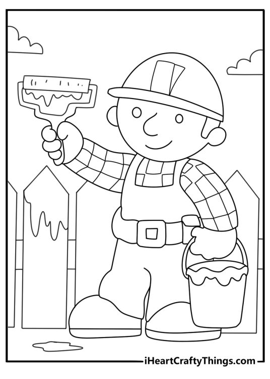 Easy printable coloring page of Bob the Builder painting fence with roller brush