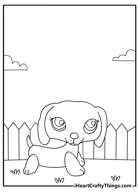 Easy printable coloring page of a dachshund digging near a garden fence