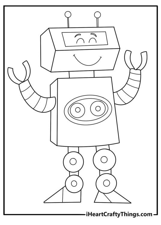 Easy robot coloring page for kids with boxy body and bolt arms