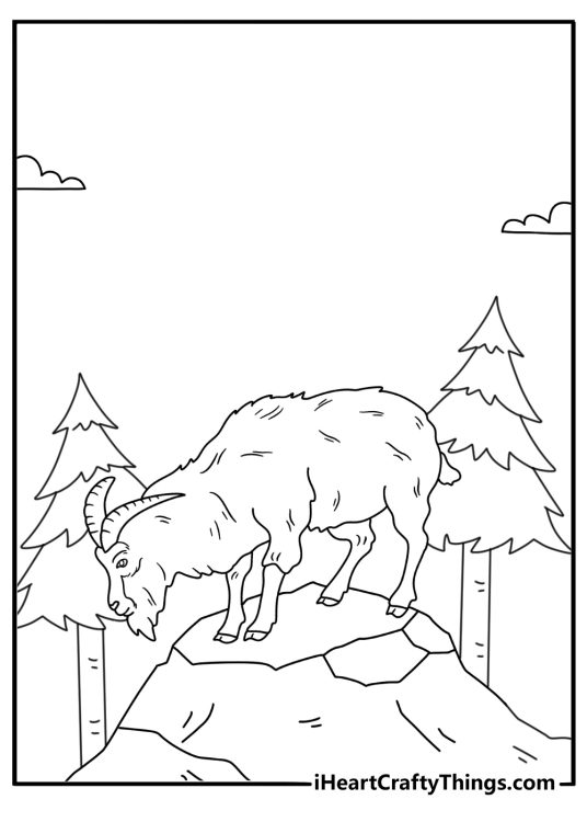 Easy sheep coloring sheet with a ram standing near mountain pine trees