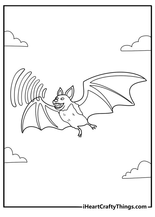 Echolocation bat coloring sheet with sound waves and flying insects for kids