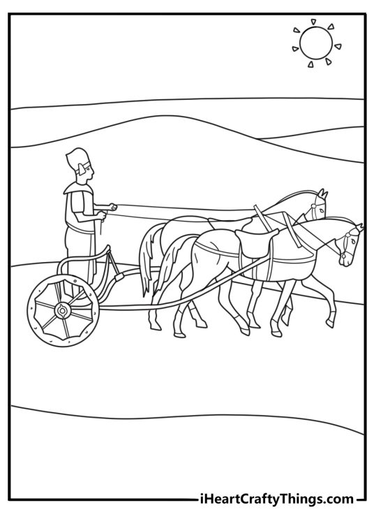 Egyptian chariot with two horses racing across sand action coloring page printable