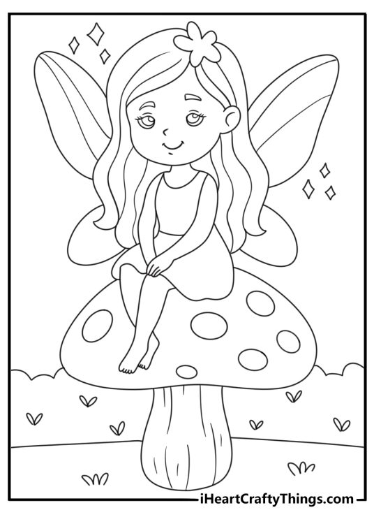 Enchanted forest coloring pages with fairy sitting on a toadstool