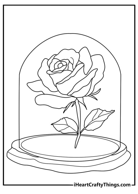 Enchanted rose under glass dome line art easy coloring page PDF download