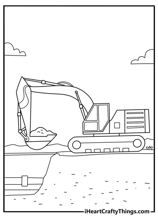 Excavator digging deep trench near pipes construction coloring page