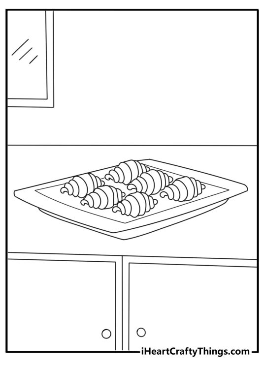 Fancy dessert coloring page of croissant on bakery tray