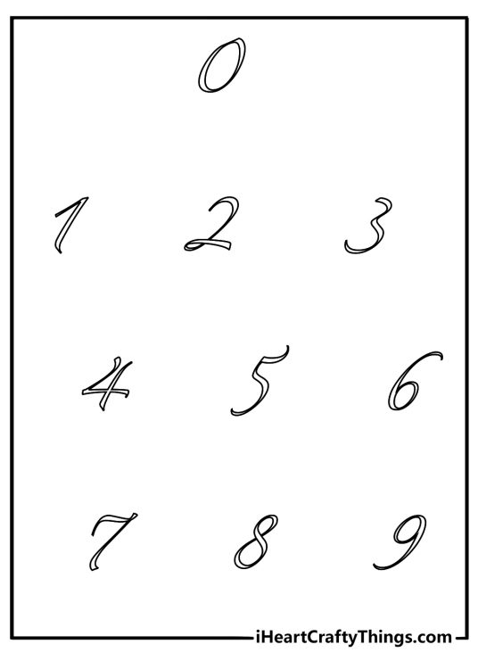 Fancy script numbers coloring page stylish calligraphy digits 0 to 9 for adults printable