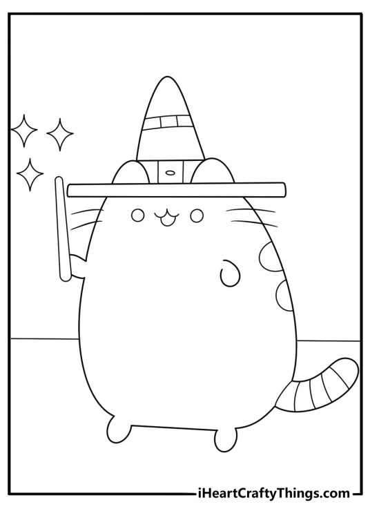 Fantasy Pusheen coloring page presenting her as a wizard wearing a pointed hat and holding a magic wand