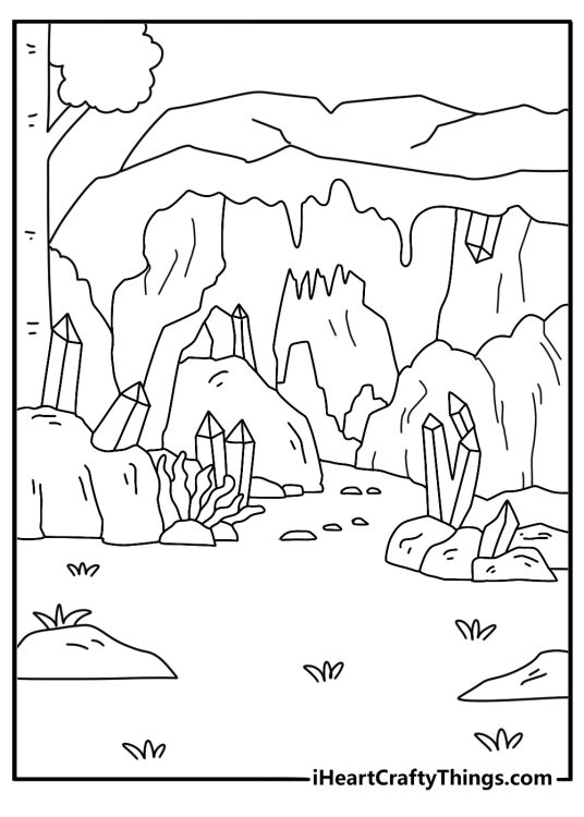 Fantasy forest coloring pages with crystal cave hidden among trees