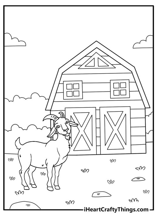 Farm goat near wooden barn door simple coloring sheet for kids