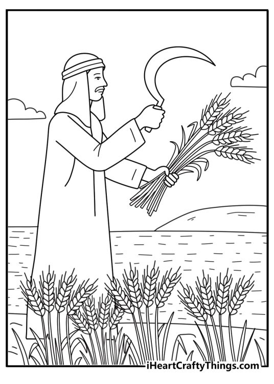 Farmer harvesting grain with sickle along Nile banks easy coloring page for kids