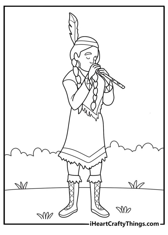 Flute player in traditional dress coloring sheet music theme for kids