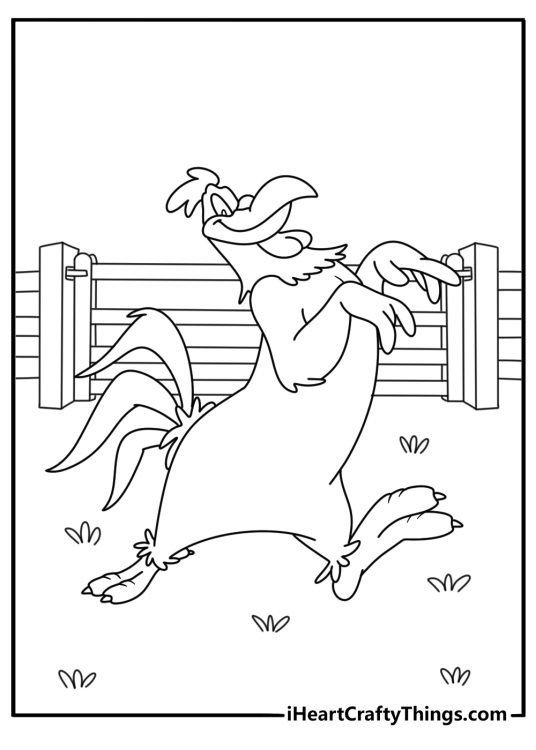 Foghorn Leghorn in farmyard near wooden fence simple coloring sheet for kids