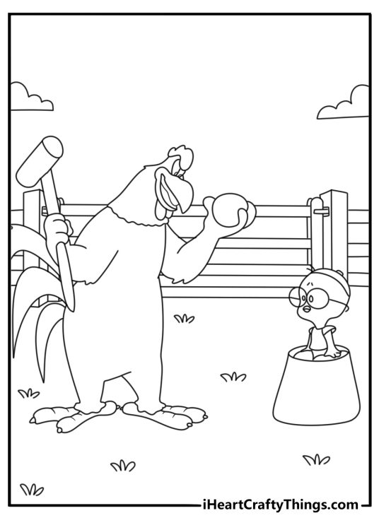 Foghorn Leghorn teaching small chick in barnyard easy coloring sheet