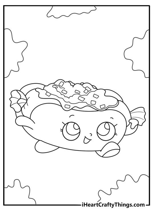 Food Shopkins coloring page with hot dog character in bun with toppings