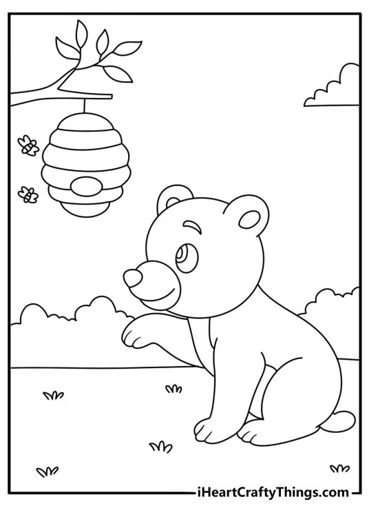 Forest coloring sheet printable with bear near honeycomb in a tree