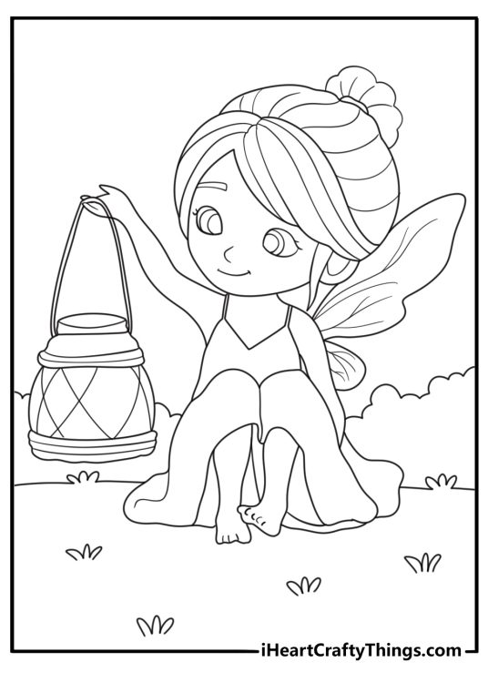 Forest fairy coloring pages with tiny wings near a glowing lantern