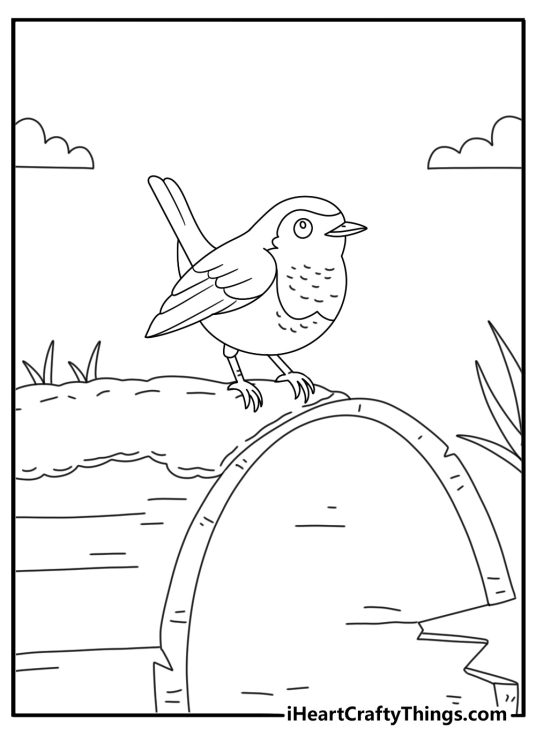 Forest scene with robin on mossy log free coloring printable