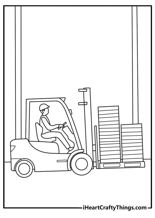 Forklift moving stacked pallets in warehouse construction coloring sheet