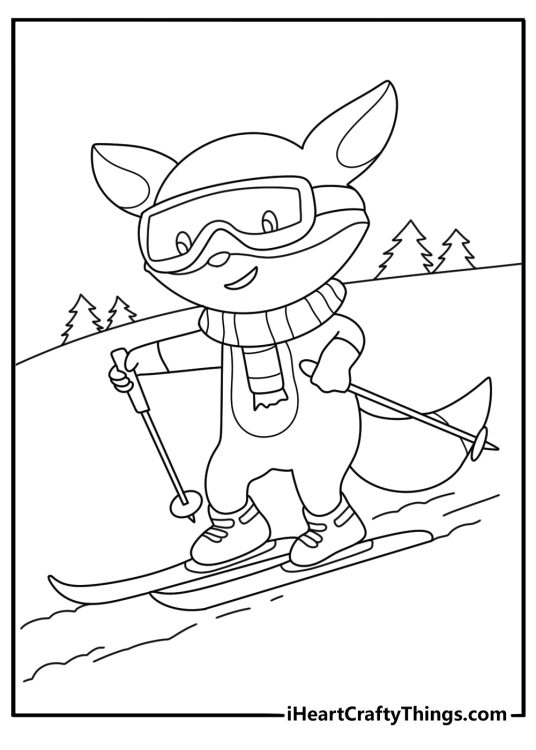 Fox wears scarf and skis through pine forest February coloring sheet kawaii for kids pdf