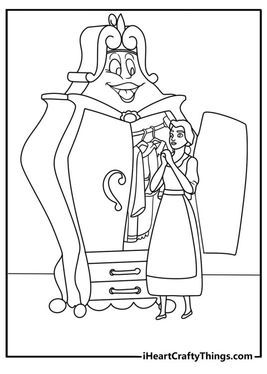 Free Belle coloring pages printable with Belle near an enchanted wardrobe