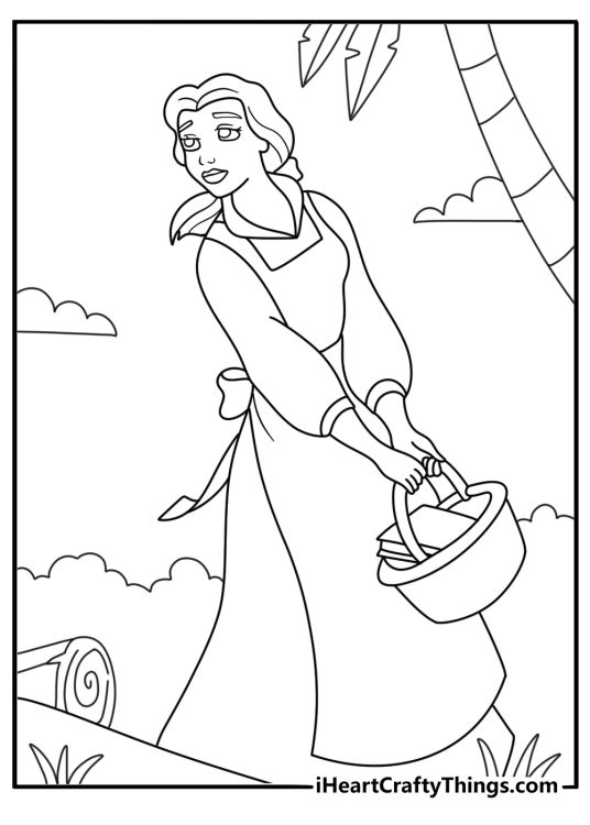 Free Belle printable of Belle walking through a village with a basket of books