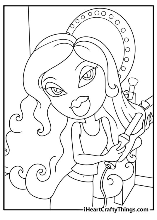 Free Bratz printable featuring Cloe beside a makeup table and mirror