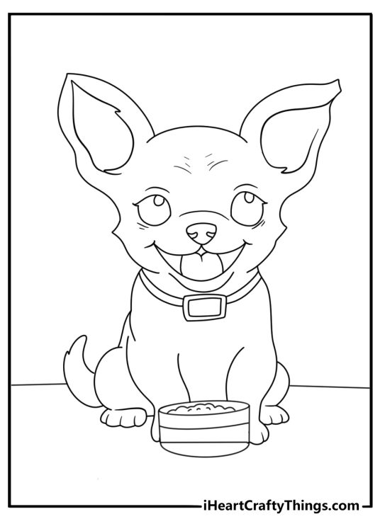 Free Chihuahua coloring pages with a small dog beside a food bowl
