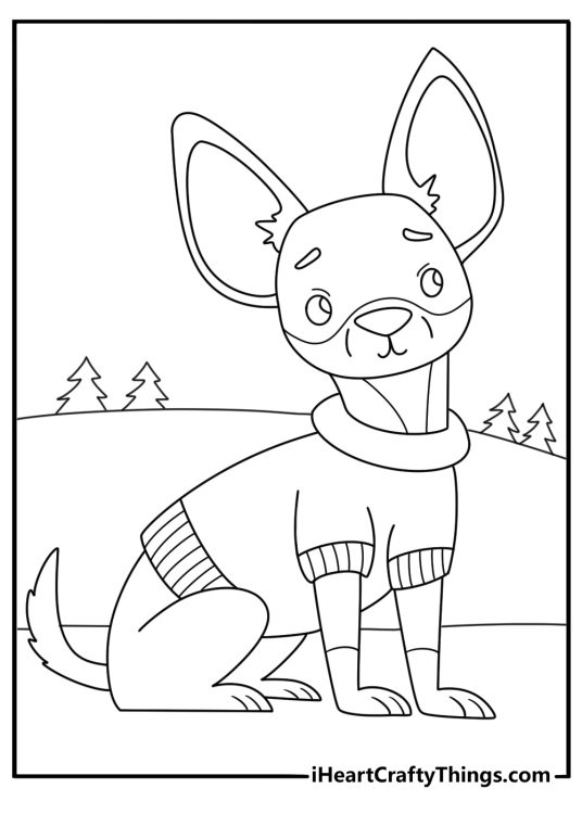 Free Chihuahua printable of a small puppy wearing a sweater in winter