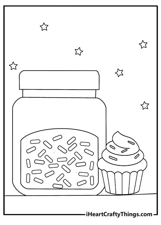 Free Cupcake coloring pages coloring page with a cupcake beside a jar of sprinkles