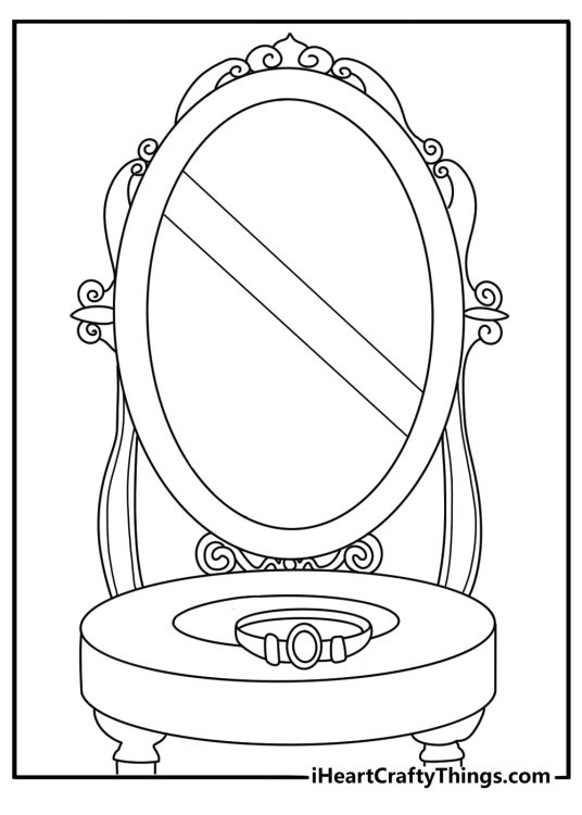 Free Jasmine printable featuring a jeweled headband beside a palace mirror