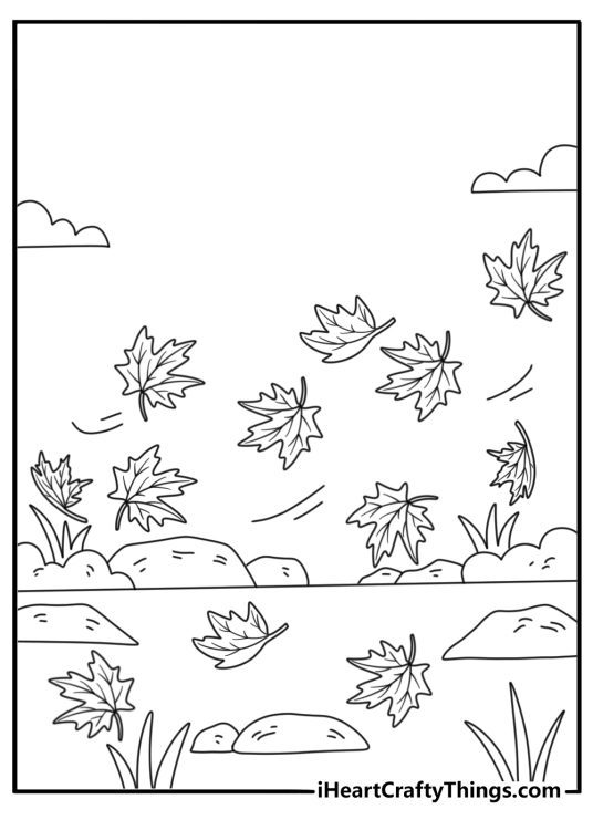 Free Leaf coloring pages coloring page with a leaf blowing across a path