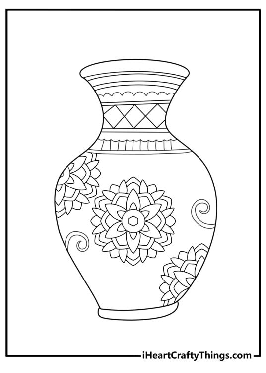 Free Mexican coloring page with a clay vase painted in folk art patterns
