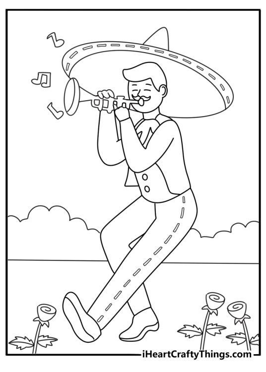Free Mexican printable with a mariachi trumpet beside music notes and roses