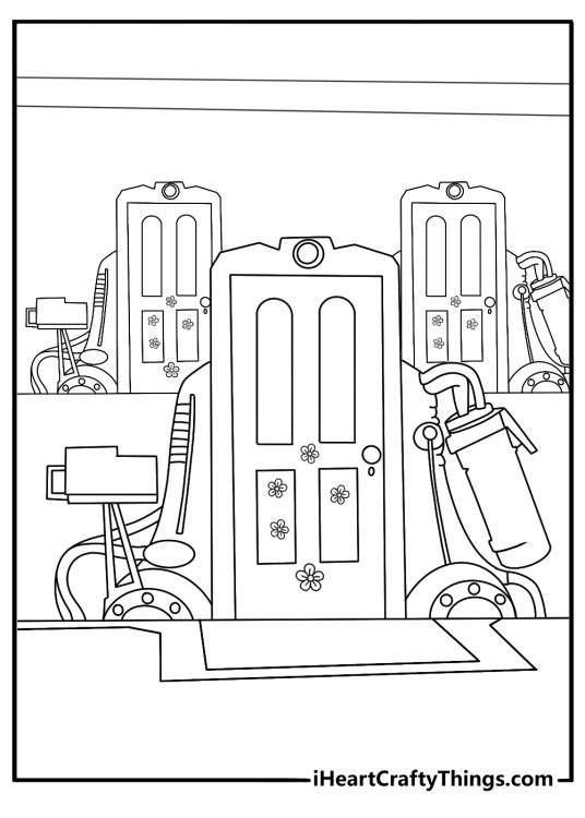Free Monsters Inc coloring page featuring the scare floor full of doors