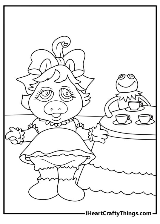 Free Muppet Babies printable featuring Miss Piggy at a pretend tea table