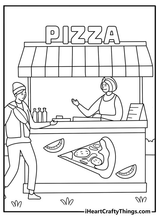 Free Pizza coloring pages coloring page with a pizza stand at a street fair