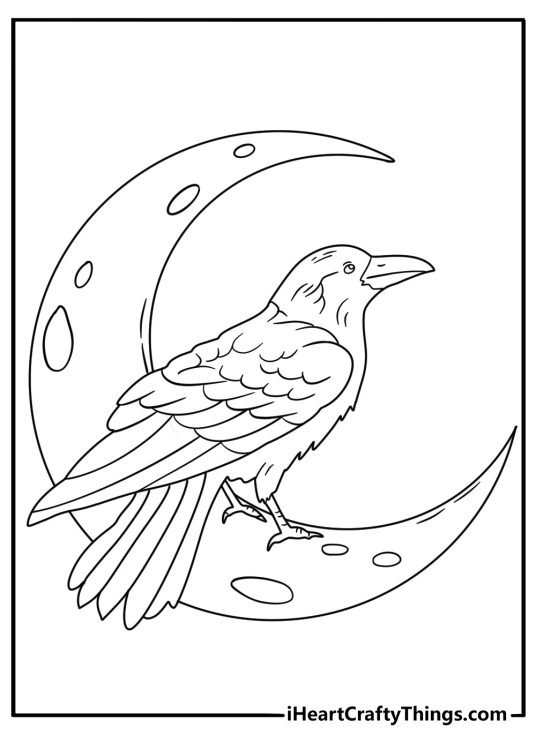 Free Raven coloring pages coloring page with a raven under a crescent moon