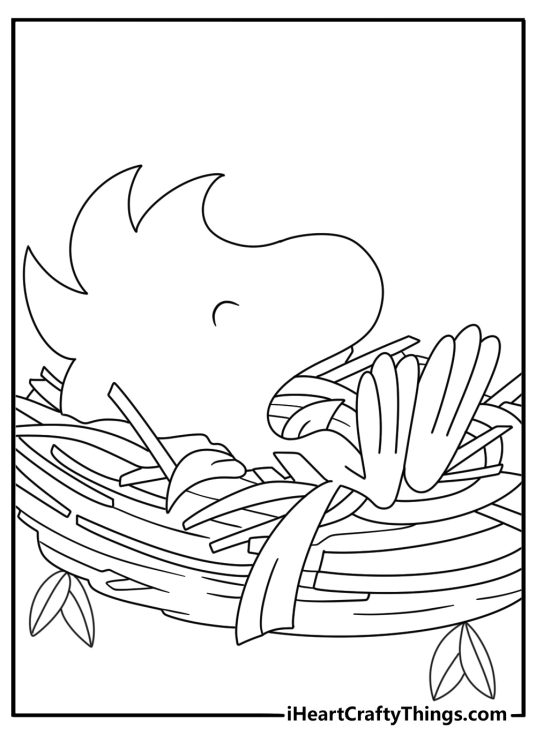 Free Snoopy printable featuring Woodstock resting inside a tiny nest