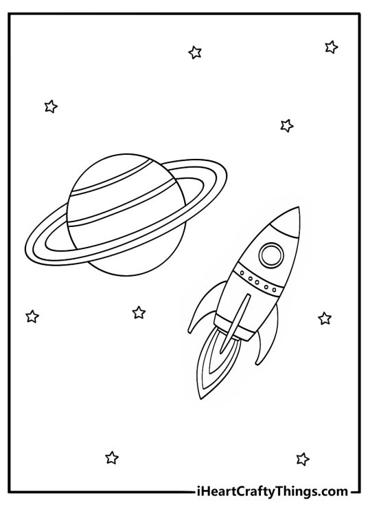 Free Solar System printable of a rocket flying past Saturn rings