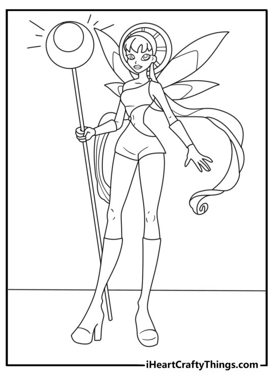 Free Winx printable of Stella creating sun rays with a glowing staff