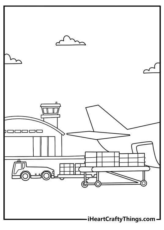 Free airplane printable of a cargo plane loading boxes at an airport
