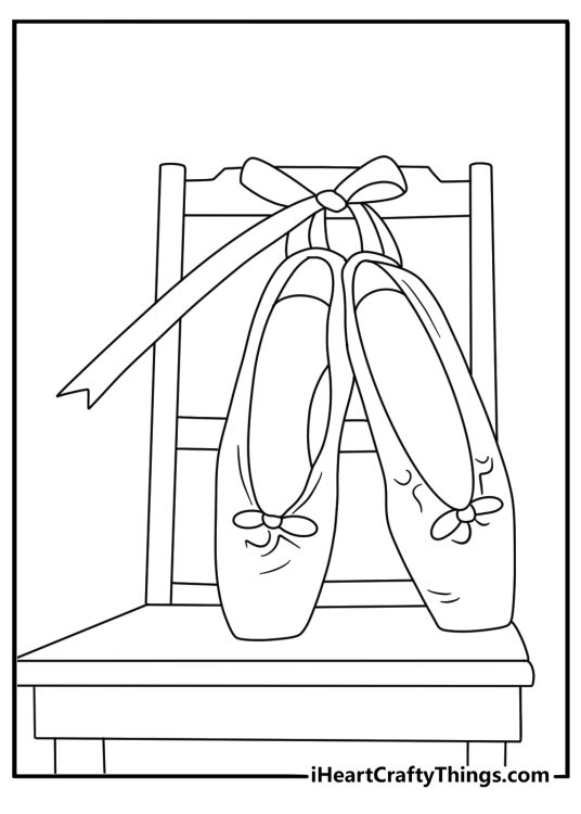 Free ballerina coloring pages printable with ballet slippers hanging on a chair