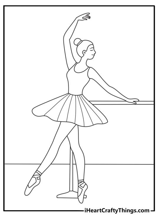 Free ballerina printable of a girl practicing at a ballet barre