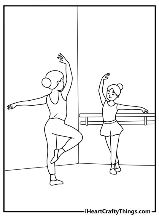Free ballerina printable with a girl learning ballet steps from a teacher