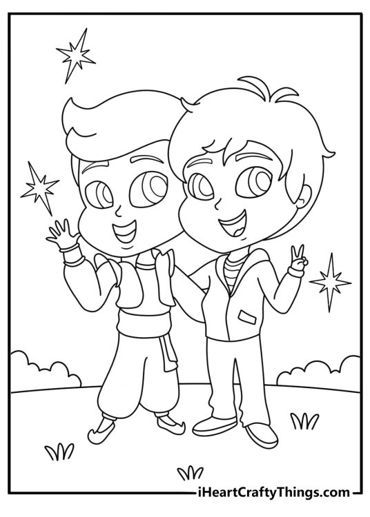 Free character printable showing Zac and Kaz on a magical adventure