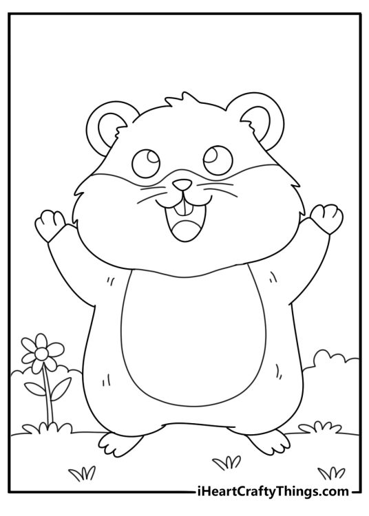 Free coloring image for kids of a happy hamster standing on his hind legs and waving hello